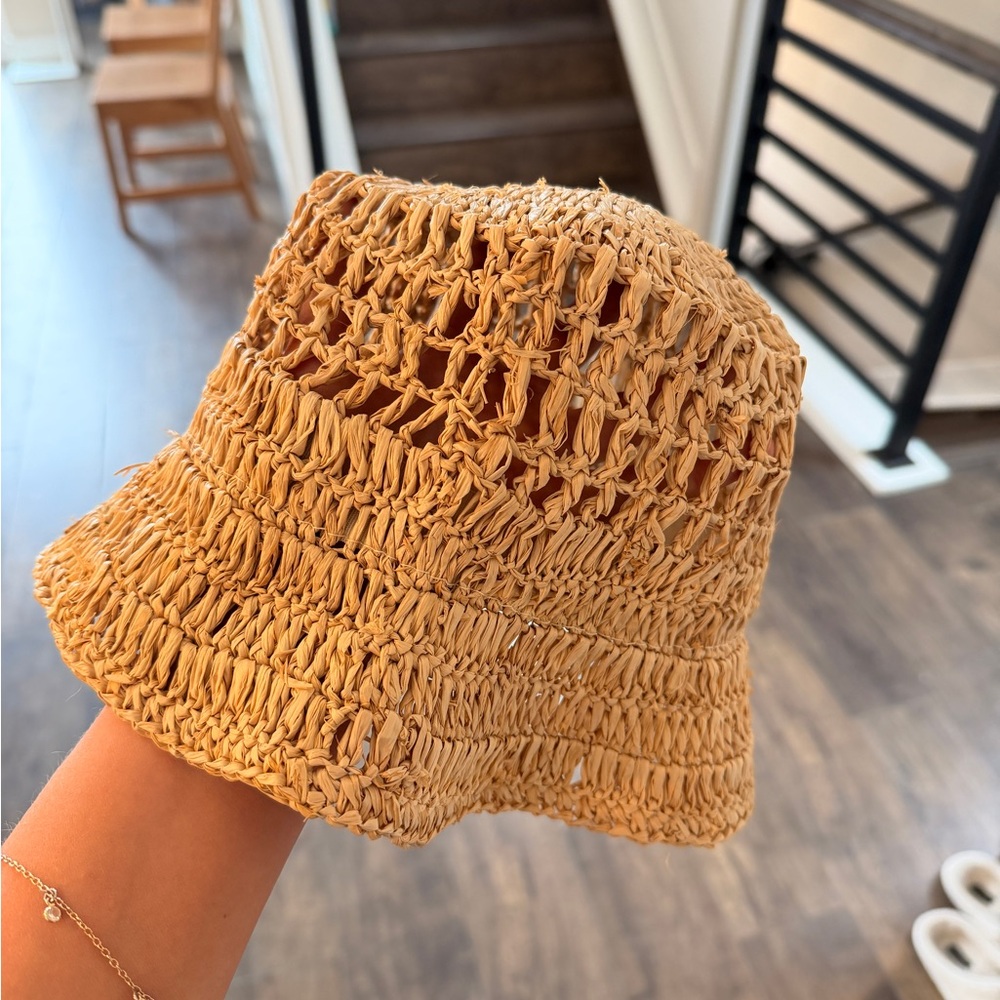 aerie Crochet Straw Bucket Hat - Beige
